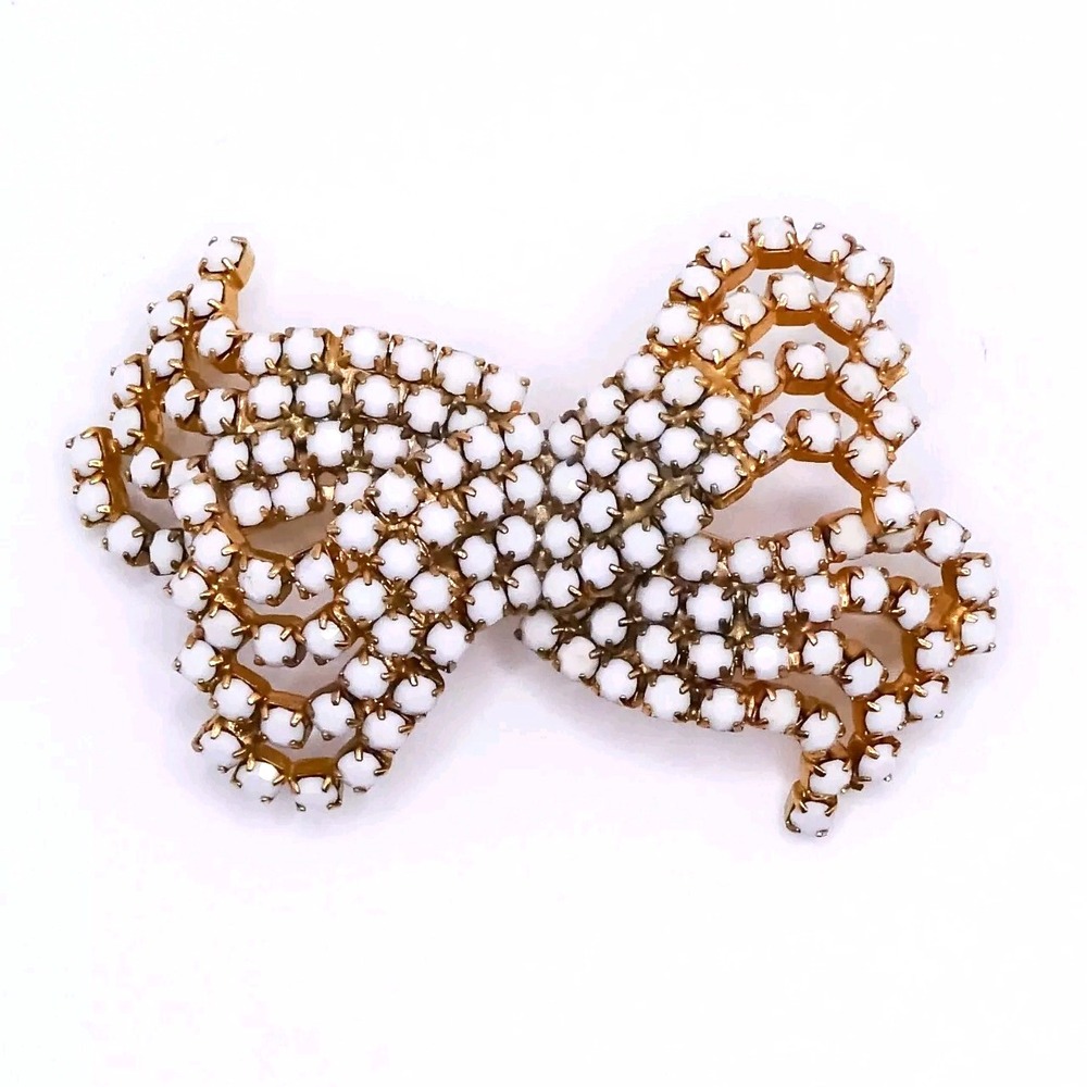 Vintage Milk Glass White Bow Gold Toned Brooch Large 2.6 Rhinestone Figural